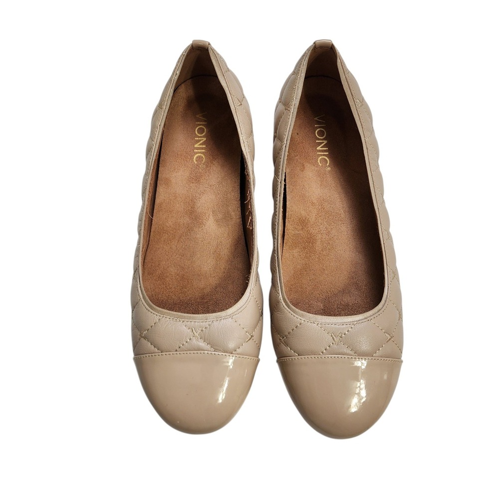 Vionic Womens Desiree Quilted Leather Patent Leather Ballet Flats Size 9.5 Nude